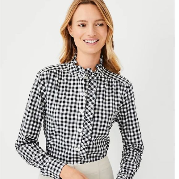 Ann Taylor XXSP Petite Gingham Ruffle Shirt Black Multi Black and White - Picture 2 of 6